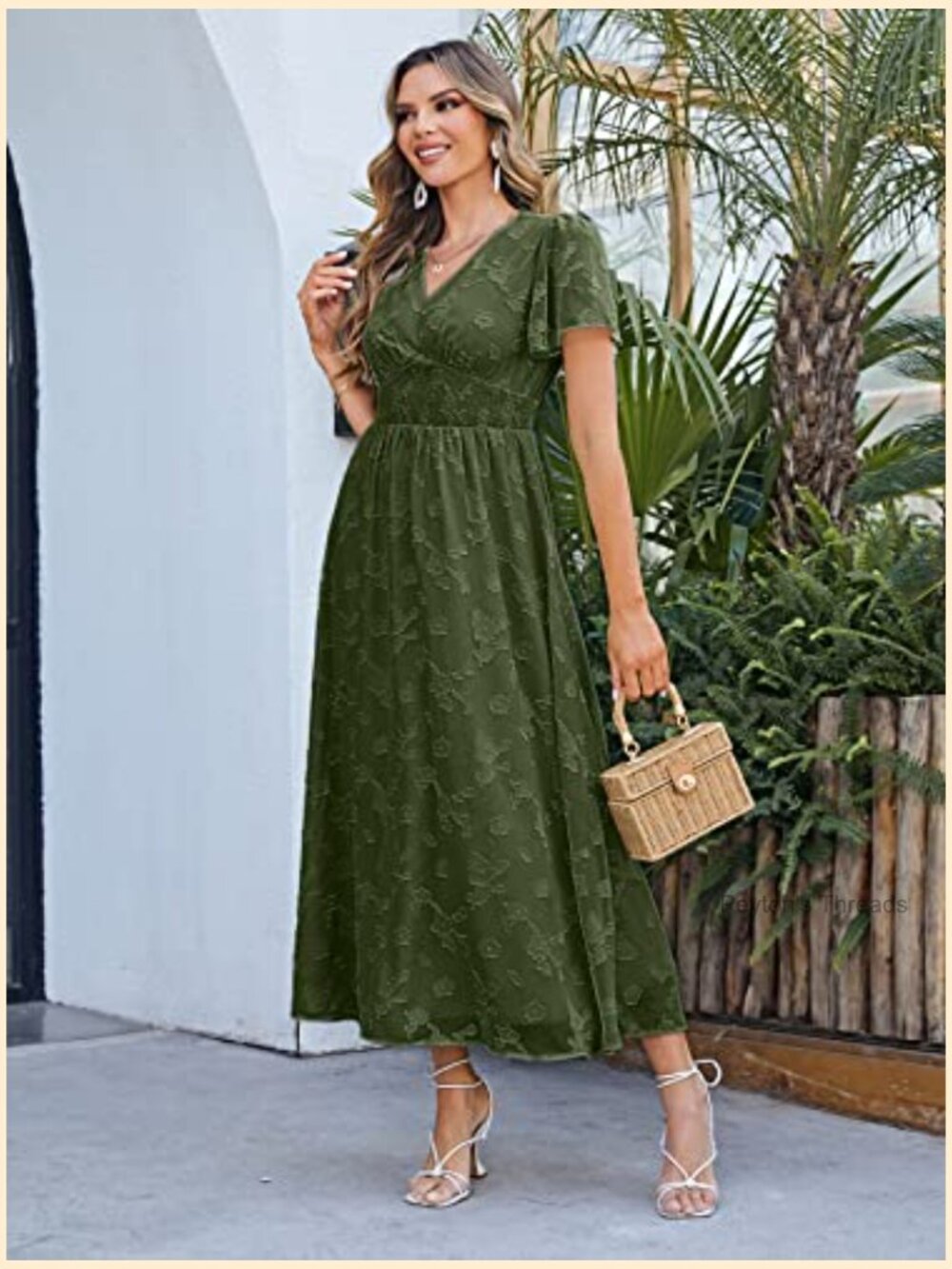 Women's Flowy Boho Floral Maxi Dress V-Neck Short Sleeve Smocked Waist Casual - Picture 6 of 7